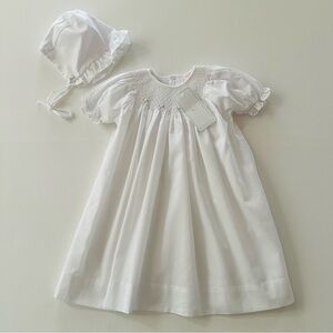 Petit Ami 9 Months Baby Girl White Hand Smocked Dress with Bonnet NWT